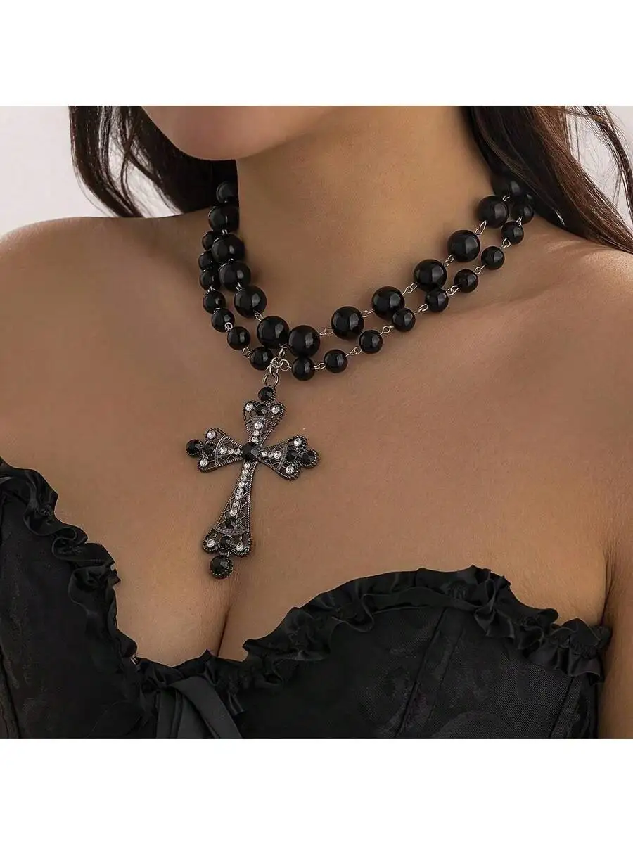 Vintage Fashion Jewelry Necklaces - Double Beaded Cross Pendant Necklace Vintage