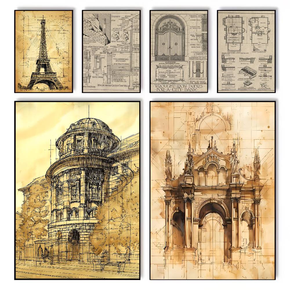 Vintage Fashion Wallpaper - Vintage Architecture Drawings Poster art canvas