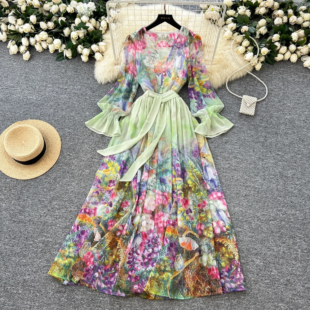 Vintage Fashion Dress - Women Sexy vintage print chiffon flare