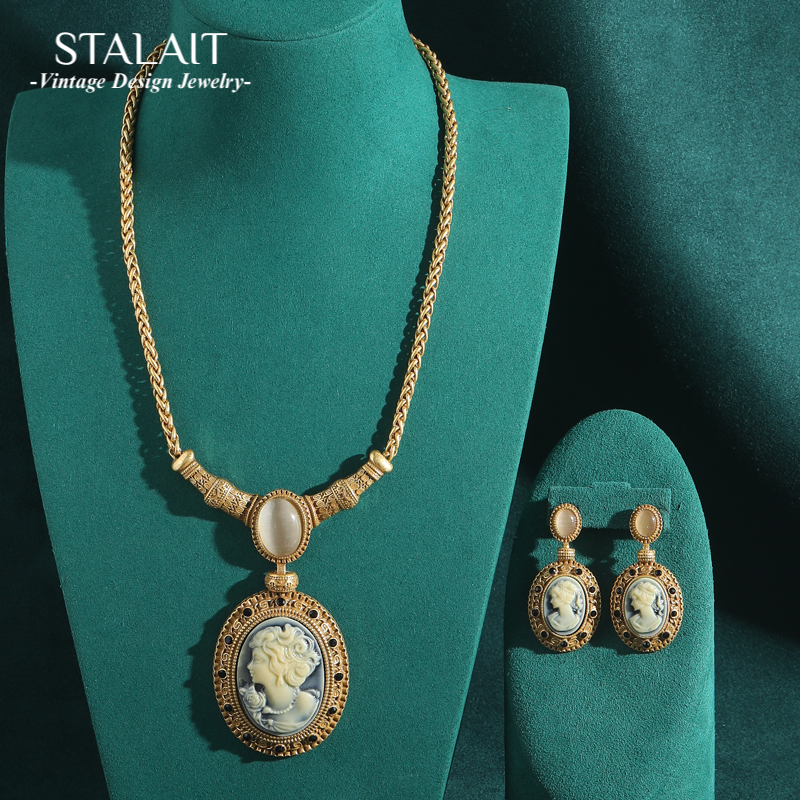 Vintage Fashion Retro Outfit - Vintage Cameo Jewelry Sets Natural Stone