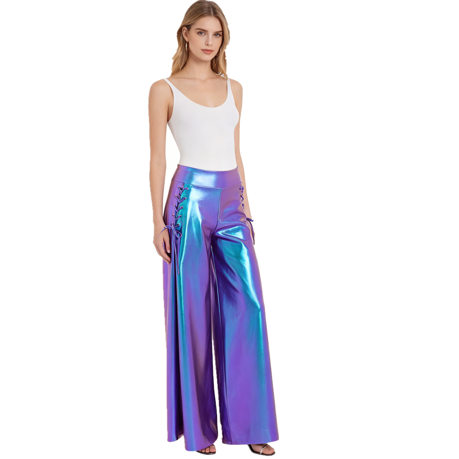 Wide Leg Trouser 70S - Women Fashion Metallic Shiny Pants 70s