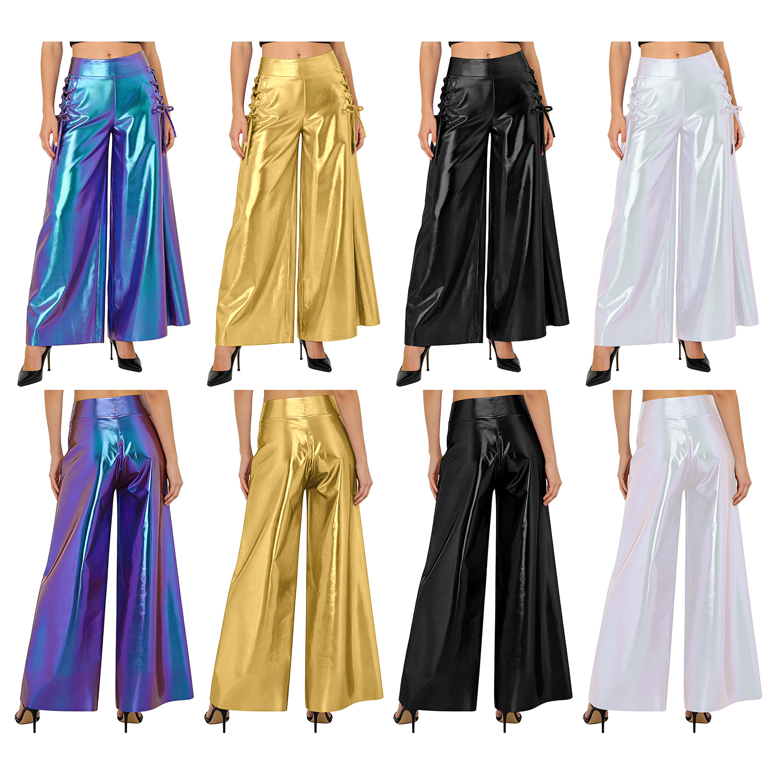 Women Fashion Metallic Shiny P - Wide Leg Trouser 70S avaliação e preço